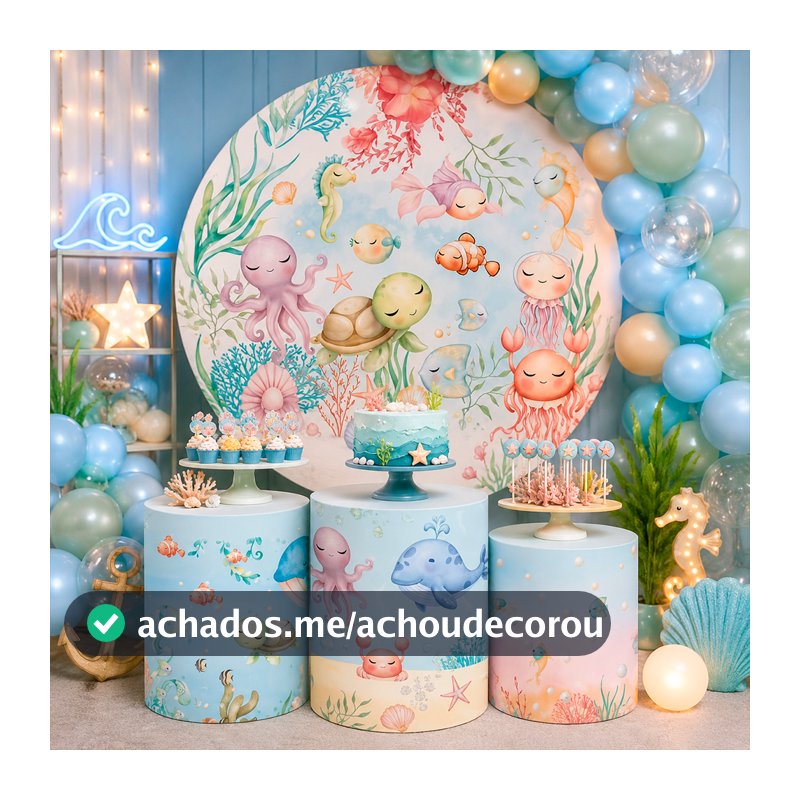 Kit Capa Painel + Trio de Cilindros Sublimados Fundo do Mar tartaruga azul claro infantil