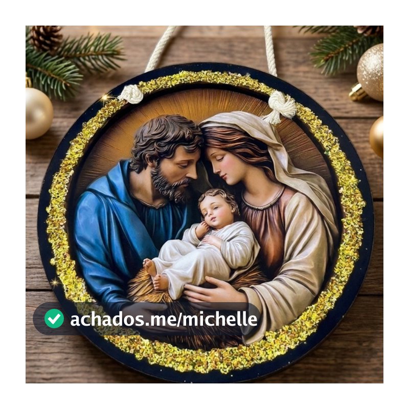 Guirlanda de Natal Sagrada Família MDF 25cm Placa Decorativa Porta Presépio Enfeite Natalino Religioso