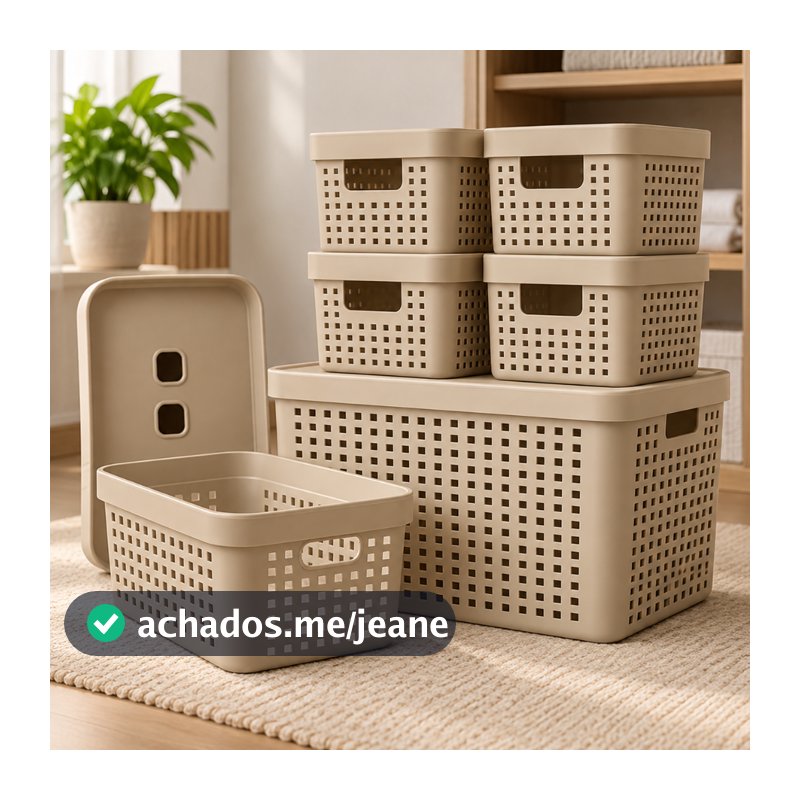 Kit 6 Caixa Organizadora com Tampa 17 L 4,5 L 2 L Cesto Grande em Plástico para Organização