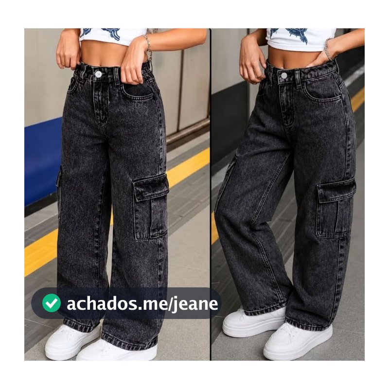 Calça Cargo Jeans Juvenil Feminina Wide Leg Cintura Alta Bolsos Laterais Blogueirinha Menina 10 ao 16 ENVIO 24H