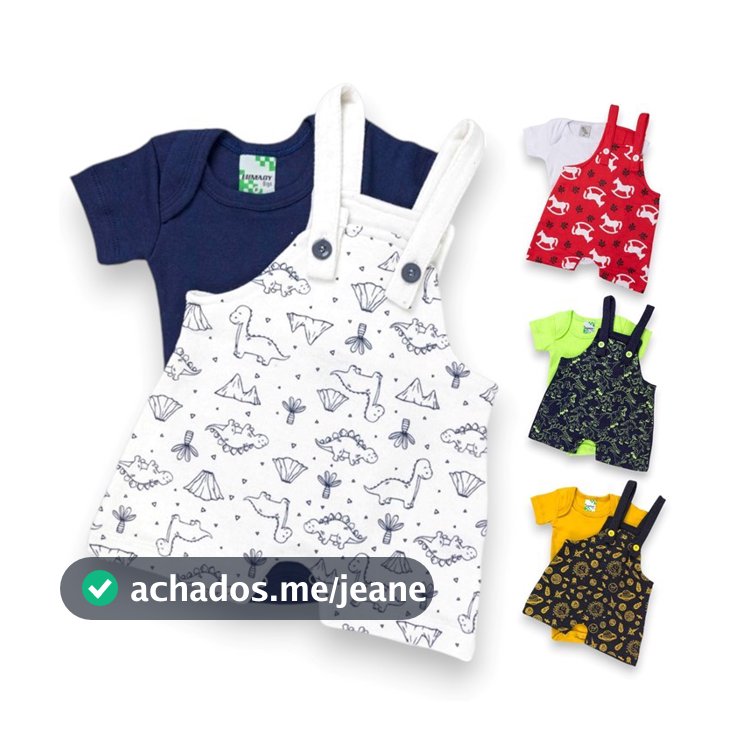 Conjunto Jardineira estampada 2 peças Manga Curta verão Menino. Body e Jardineira Bebê Infantil