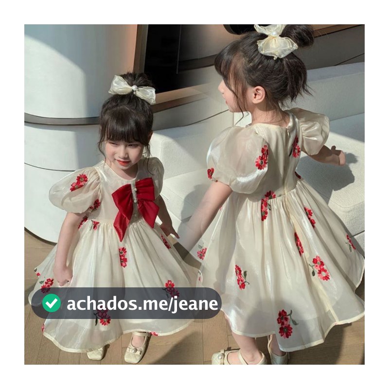 Vestido Infantil de Organza Branco Bege com Bordado de Flores Vermelhas Laço no Peito Manga Balão Estampa Doce