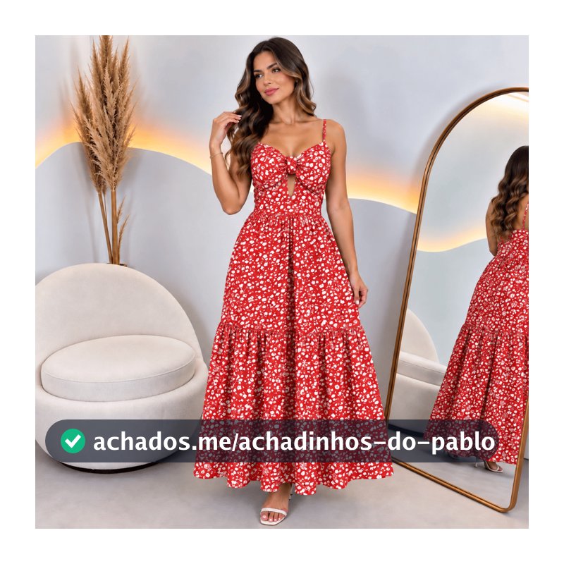 Vestido Feminino Longo Floral Crepe com Bojo Alça Regulável Abertura Elegante Pimenta Rosa