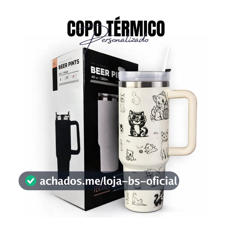 Copo Térmico 1200ml Off White Personalizado Gatos Gatinhos Gravação Laser 360 Graus