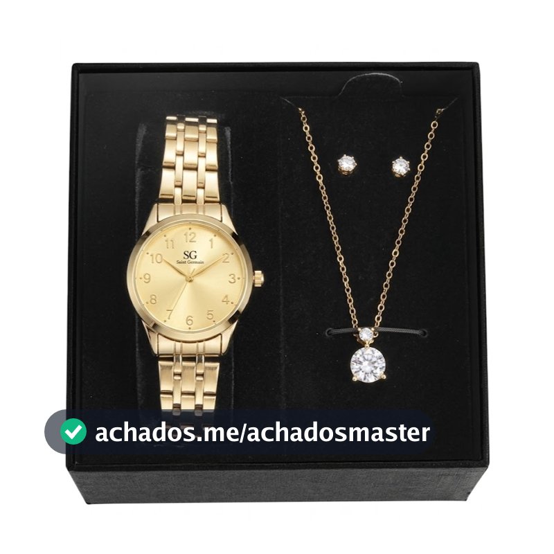 Kit Relógio Colar Brincos Dourado Feminino Saint Germain Delicado Elegante Luxuoso Dia a Dia