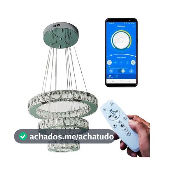 Lustre Pendente Cristal Led 3 Anéis Controle Remoto Aplicativo Bluetooth