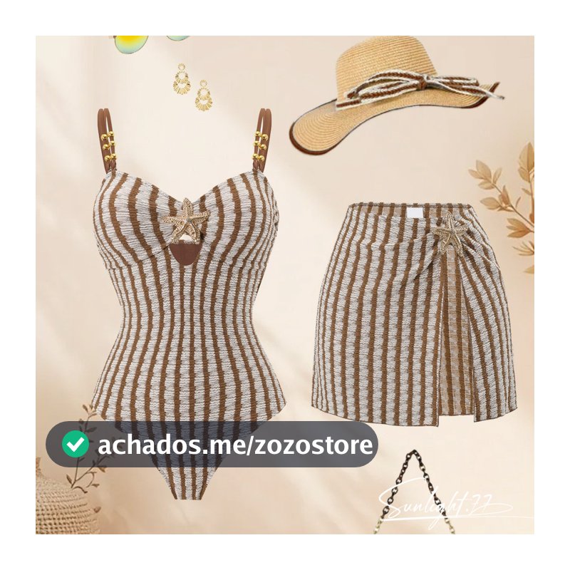 Maiô feminino listrado marrom elegante, estilo boêmio e sensual + saia curta