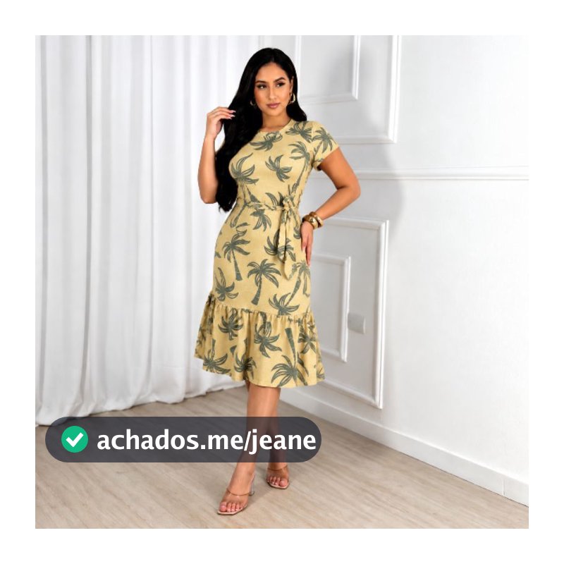 Vestido Midi Feminino Estampado  Manga Curta Ajuste na Cintura Elegante Casual