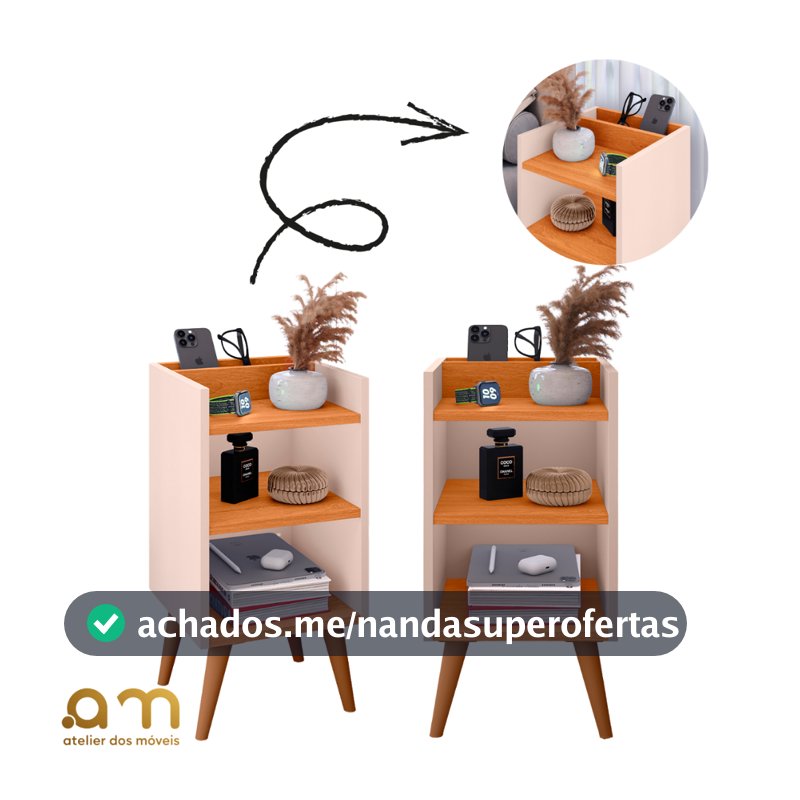 Kit com 2 Mesa de Cabeceira Nicho Organizador, pés retrô em PVC e Porta-Celular Max