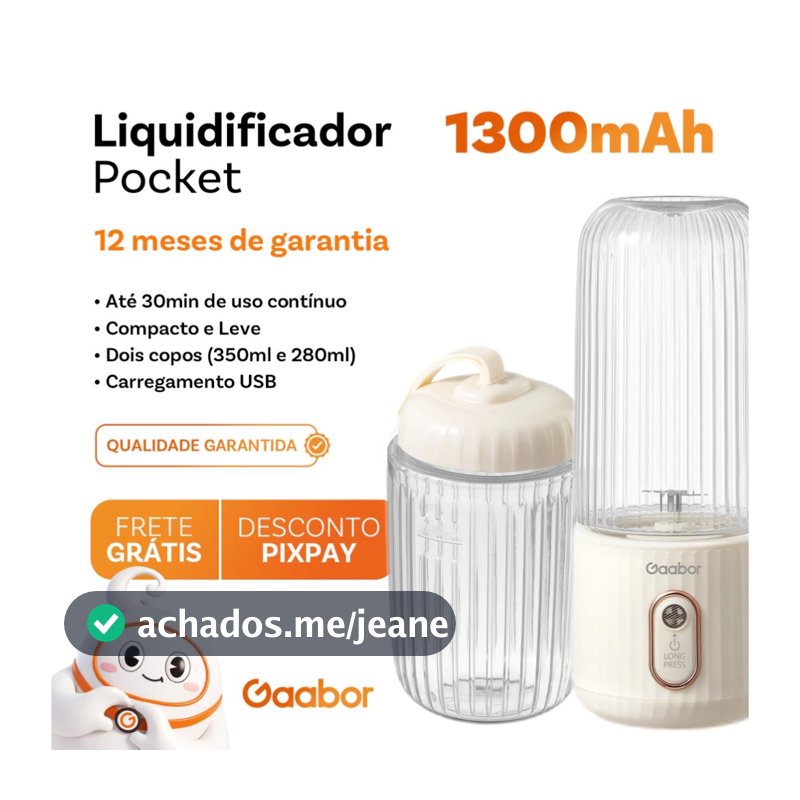Liquidificador Portátil Gaabor Pocket USB 350ml e 280ml Recarregável com 4 Lâminas Inox Bivolt Branco