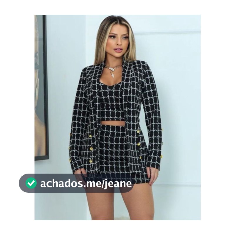 Blazer Cropped E Short Saia Xadrez Conujunto 3 Peças Alfaiataria Premium