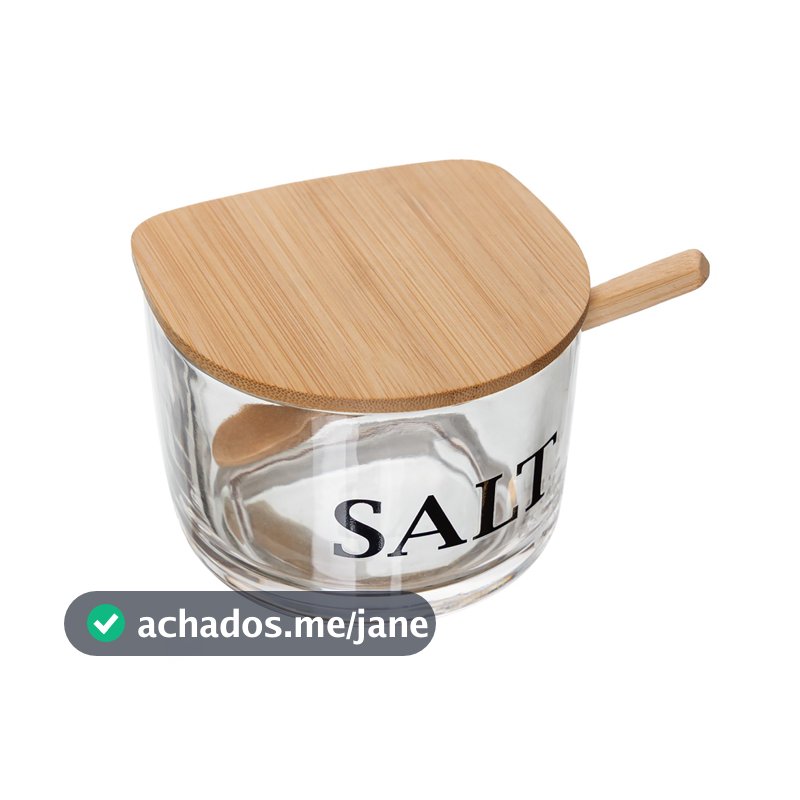 Saleiro de vidro com tampa e colher de bambu Compacto 10x10x7 cm Porta Sal Porta Condimento