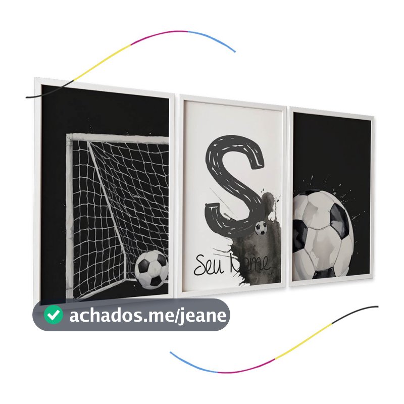 Quadros Decorativos Futebol, Conjunto 3 Peças, Arte em Preto e Branco com Trave, Bola e Letra e Nome