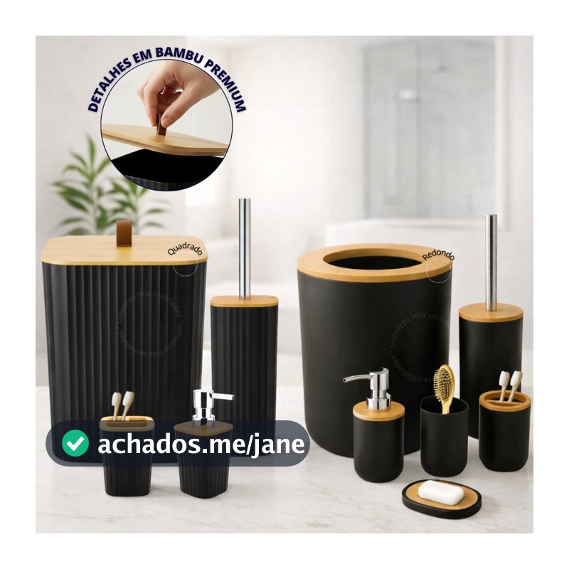 Kit Banheiro Completo Lixeira C/ Tampa Detalhes Em Bambu Luxo