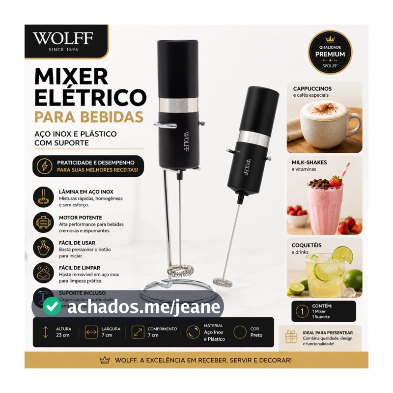 Mixer para Bebidas de Aço Inox e Plástico com Suporte - Wolff