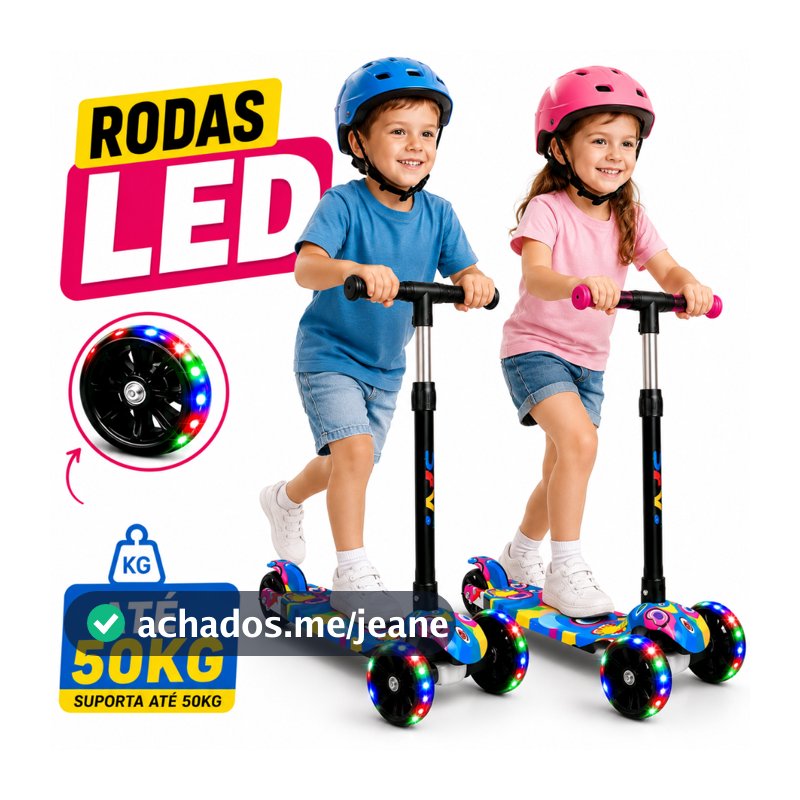 Patinete Infantil 3 Rodas Com LED Dobrável Criança Menino Menina Resistente Até 50kg
