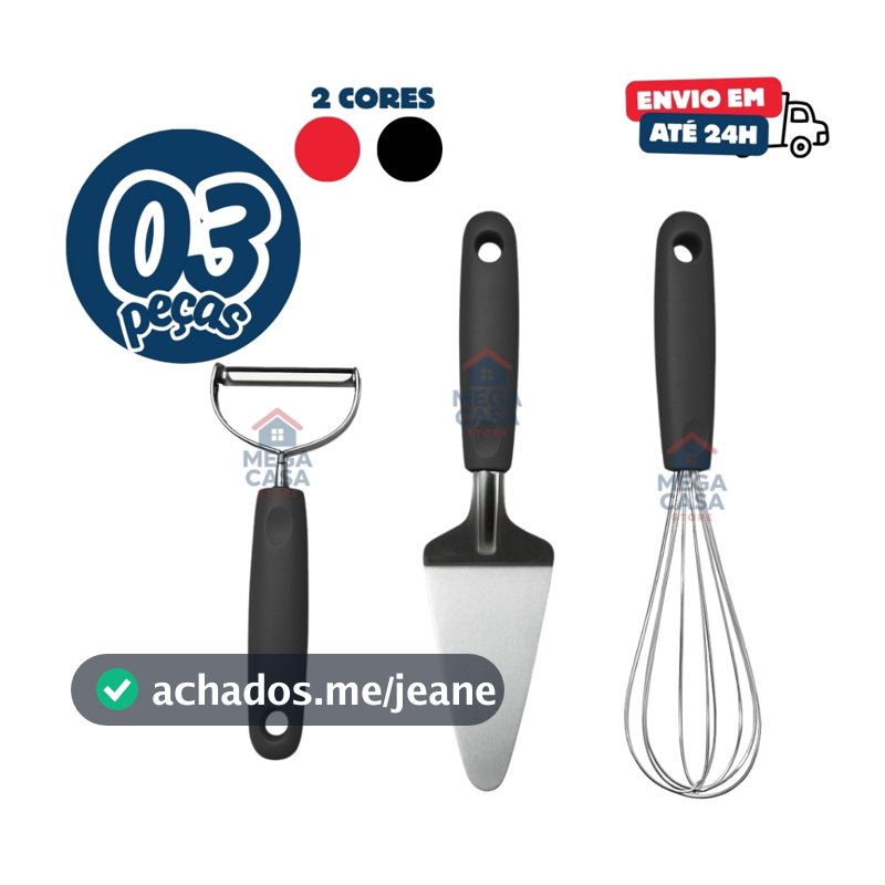 Kit 3 Utensilios Inox Premium Descascador Inox Espatula Bolo e Fouet Fue Batedor de Ovos Linha Black