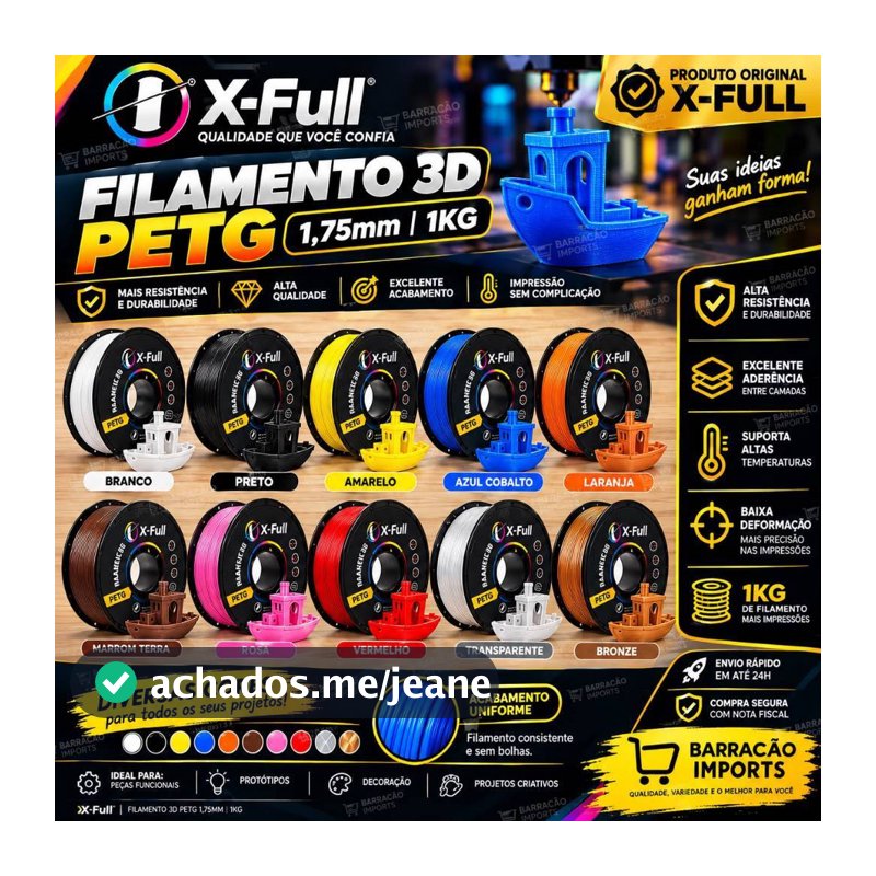 Filamento PETG 1.75mm 1Kg X-FULL Alta Resistência Impressora 3D Baixo Warping Alta Qualidade