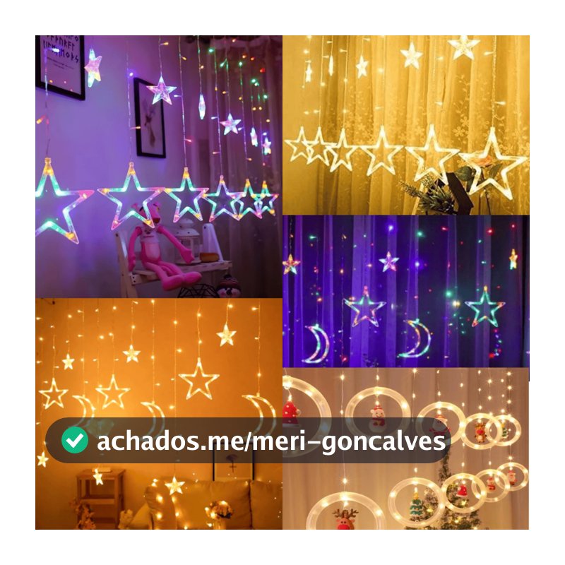 Cascata Led Pisca Pisca Cortina Luz RGB Amarela Decoração Natal Estrela Lua Papai Noel Neve Sacada