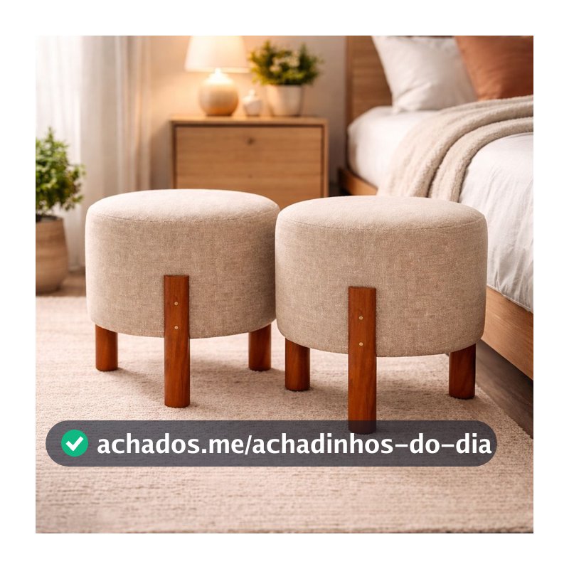 PROMOÇÃO Kit Puff Apolo Linho Pés Madeira 2 Unidades Banco Banqueta Envio Imediato Sala e Quarto