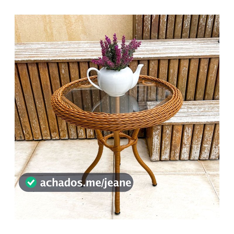 Mesa de Centro Mesinha de Canto Apoio Estrutura de alumínio Fibra Sintética com Vidro Varanda Jardim Área Externa Piscin