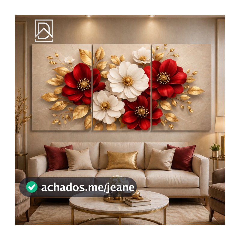 Kit 3 Peças Quadro Decorativo Flores Vermelho Branco Dourado Sem Moldura MDF Sala Quarto Escritório Luxo Moderno Casa