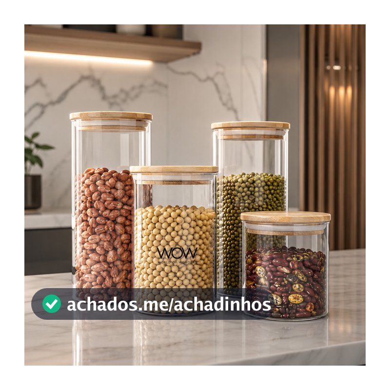 Kit 4 Potes Herméticos Tampa Bambu Organizador Mantimentos Cozinha