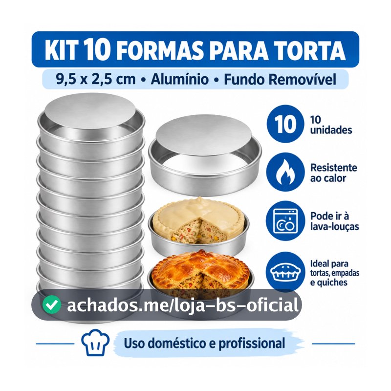 Kit 10 Formas Para Torta 9,5x2,5cm Alumínio Com Fundo Removível Para Padaria e Confeitaria