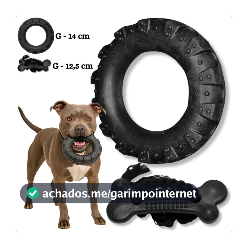 Kit Brinquedo Mordedor para Cachorro Pneu G + Osso Ossinho Massageador Grande Black com Corda 2D Pet