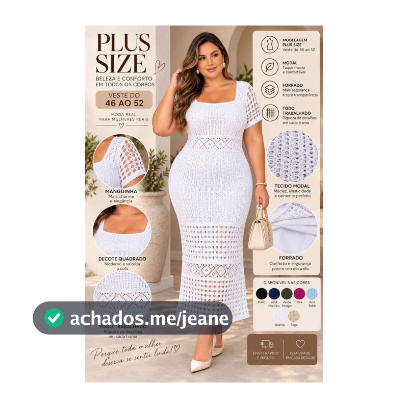 Vestido Midi Plus Size em Modal Tricô Crochê Forrado Manga Curta Elegante 46 ao 52