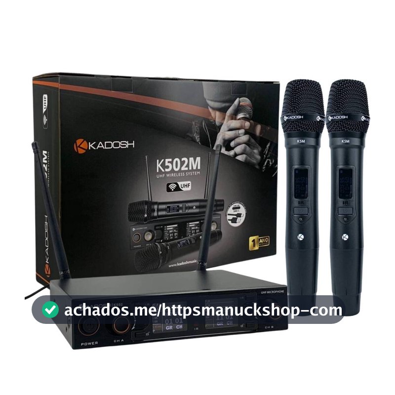 Microfone Sem Fio Duplo Kadosh K502 Profissional UHF com 2 Transmissores, Receptor e Cabo de Carregamento