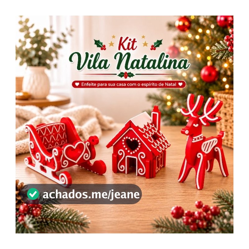 Kit Vila Natalina Decorativa 3 Peças Trenó, Casinha e Rena Enfeite de Natal decoração de casa
