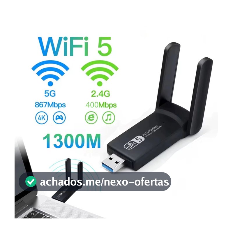 Adaptador Wi-fi Dual Band 2-4G e 5G USB 3.0 5Ghz 1300Mbps 2 Antenas