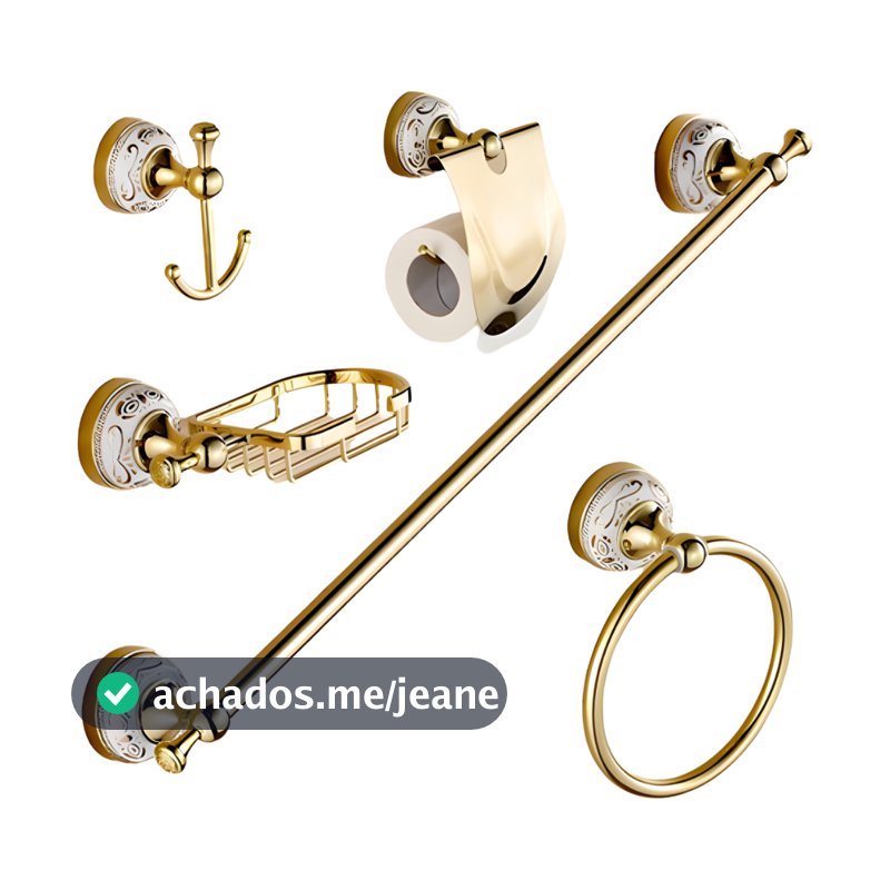 Kit Acessórios Banheiro 5 Peças Dourado Com Porcelana Luxo
