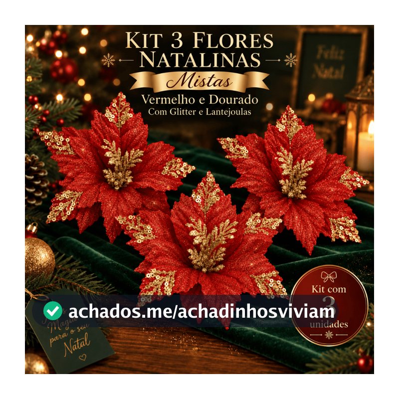 Kit 3 Flor De Natal Enfeites com Glitter Artificial Decoração Natalina Enfeites Para Arvore de Natal Tecido Brilhante