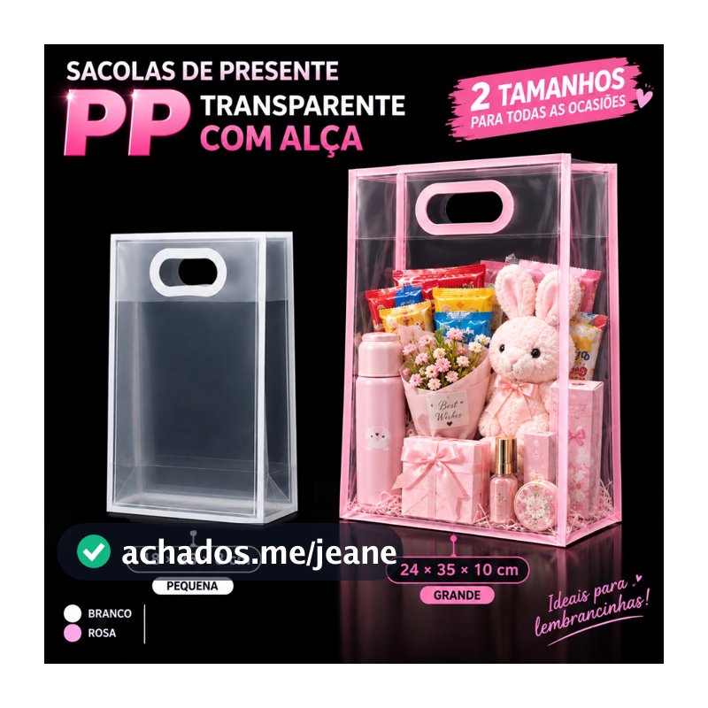 Kit 5/10 Sacolas de Presente Transparentes Premium com Borda Decorativa para Lembrancinhas 2 Tamanhos
