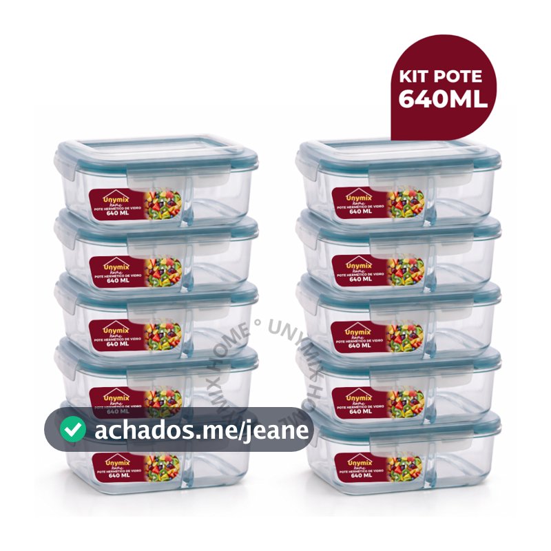 Kit 10 ou 5 Potes Herméticos 640ml Com Divisória Retangular Transparente Premium