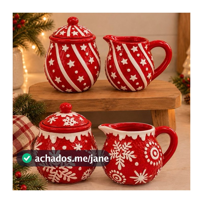 Kit 2 Pçs De Natal Açucareiro + Mini Leiteira De Porcelana Kit Natalino