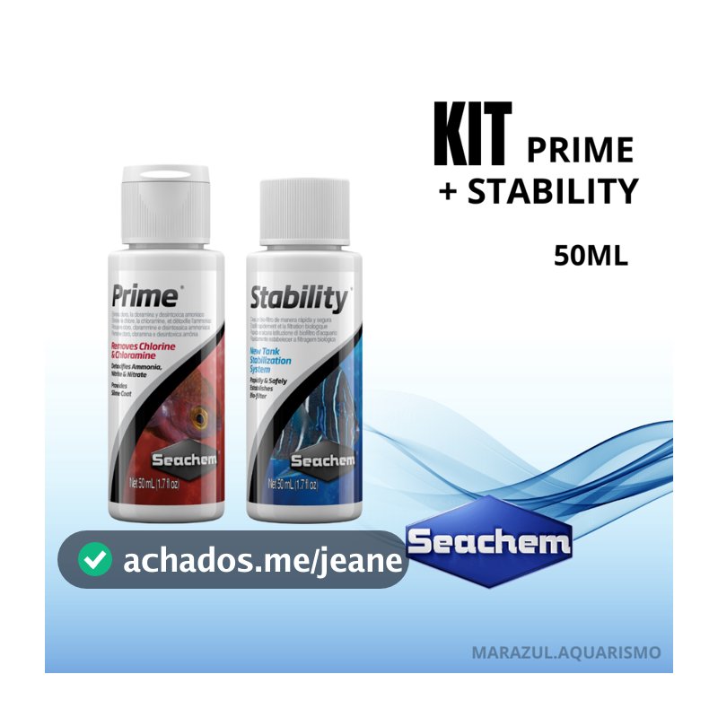 Kit Seachem Prime + Stability 50ml - Removedor de Cloro e Acelerador Biológico para Aquários, Lago e Fontes