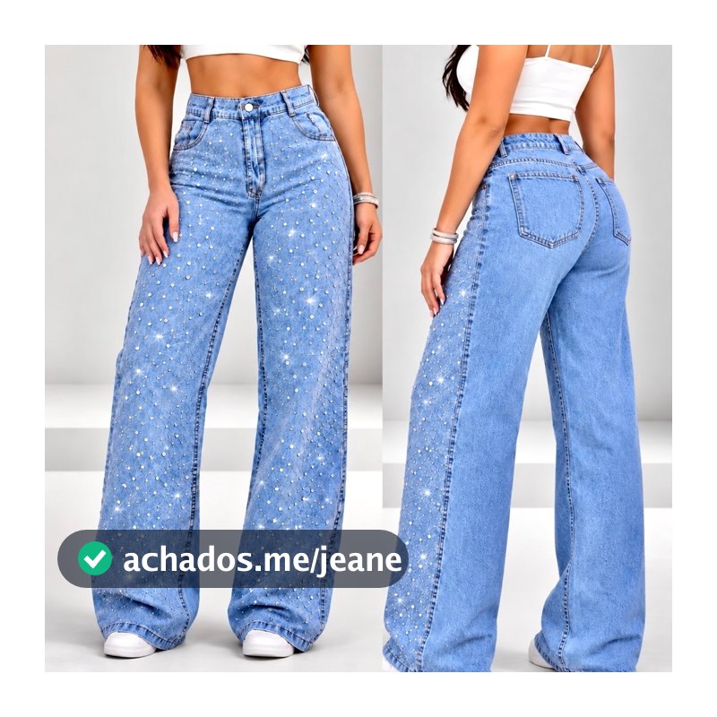 Calça WideLeg Jeans Feminina Pedrarias de Luxo Brilhos Linha Premium Wid Leg Modela Bumbum Cintura Alta