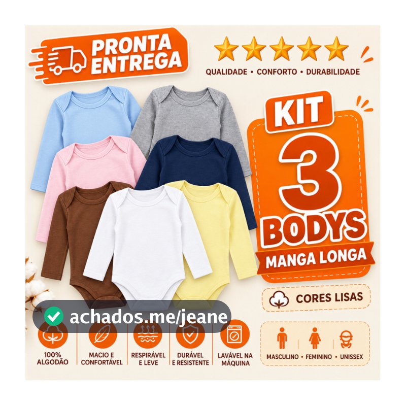 Body Infantil Bebe Manga Longa Algodão 100% Menino Menina Unissex Inverno Verão Liso Várias Cores Enxoval