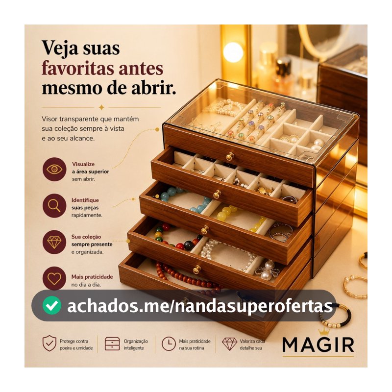 Caixa Porta Jòias+Porta Anéis Mdf 5 Gavetas Tampo Dobravel Com Vidro