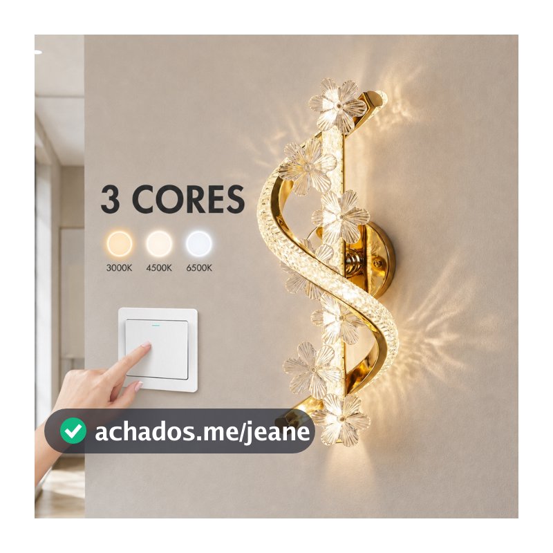 Arandela LED de Parede Dourada Cristal Acrílico 3 Cores Bivolt Moderna para Sala Quarto Corredor