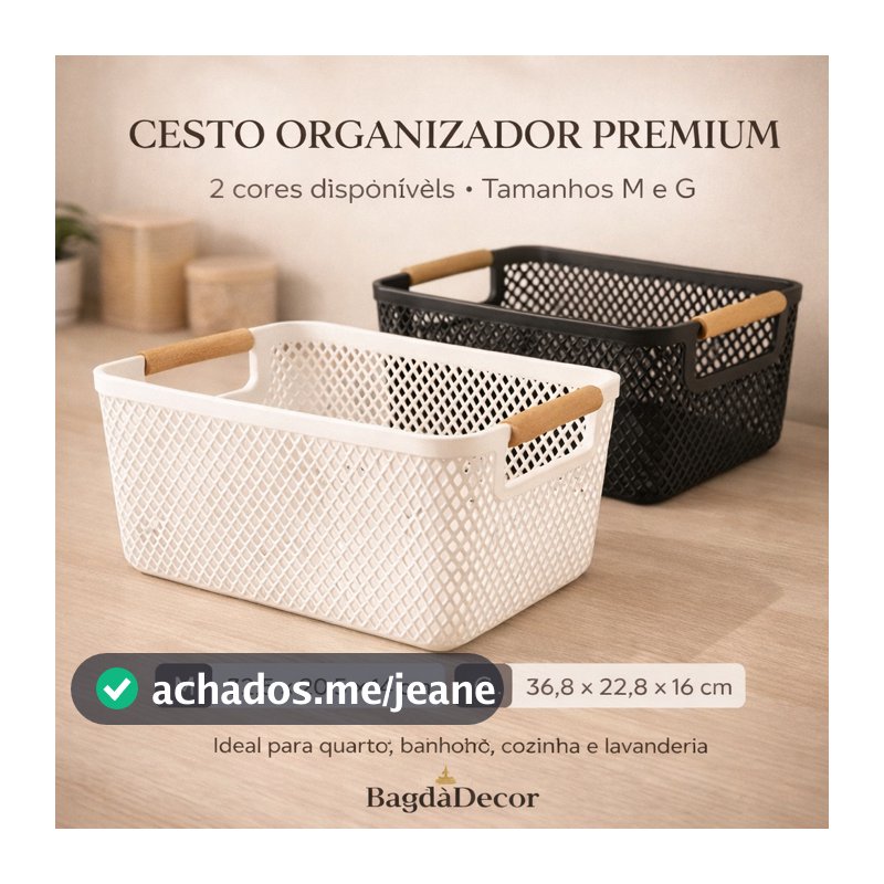 ✅ Cesto Multiuso com Alça de Bambu | Organizador Elegante para Banheiro, Cozinha ou Lavanderia