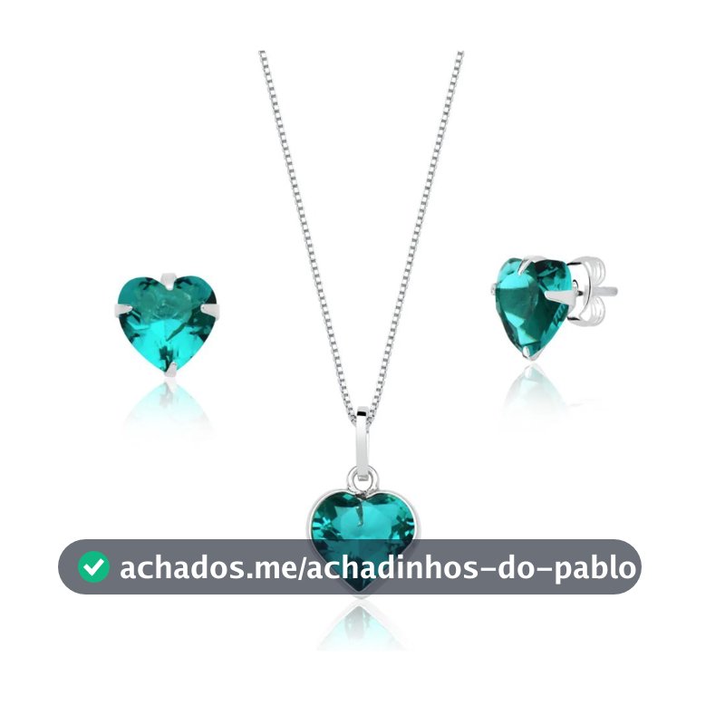 conjunto brinco e colar coração prata 925 verde agua