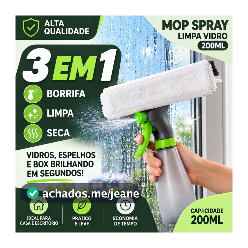 Rodo Mop Spray Limpa Vidros 3 em 1 200ml com Reservatório para Janelas Espelhos e Box
