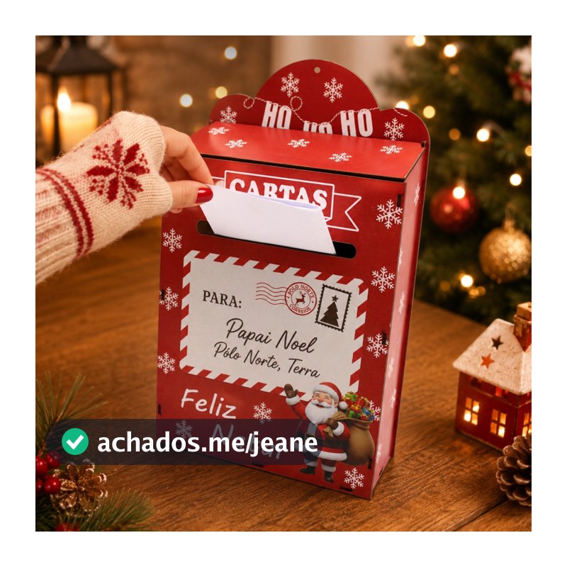 Decoração Natalina Caixa de Correio Papai Noel MDF Porta Cartas Decorativa para Mesa Lar 35x21x8 cm