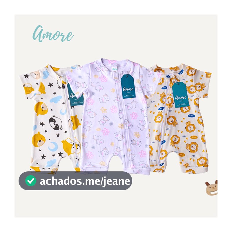 Macacão Bebê Amore Curto Verão Menina Menino Estampado 100% Algodão