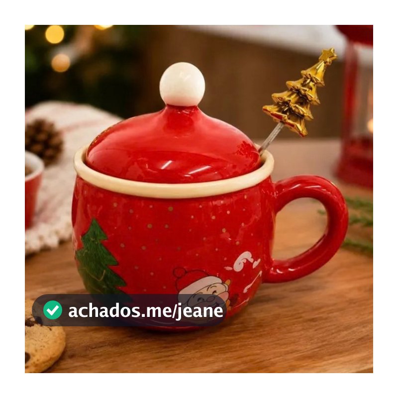 Caneca  Papai Noel em Cerâmica C/ Tampa e Colher 400ml - Natal