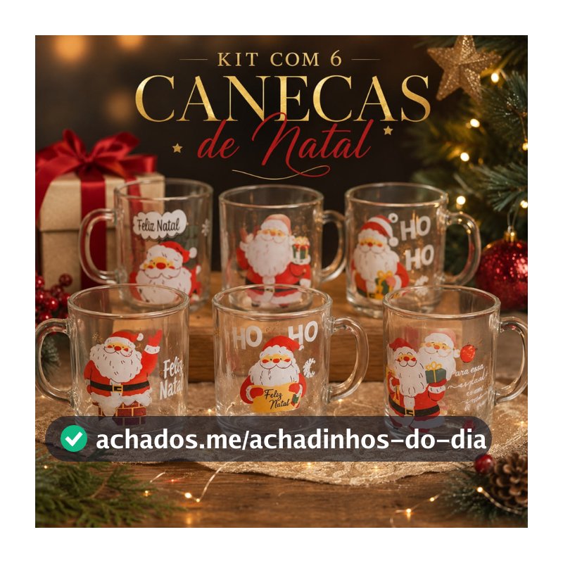 Kit 6 Canecas de Vidro Natalinas 250ml Estampadas Feliz Natal Presente de Natal Decoração Papai Noel